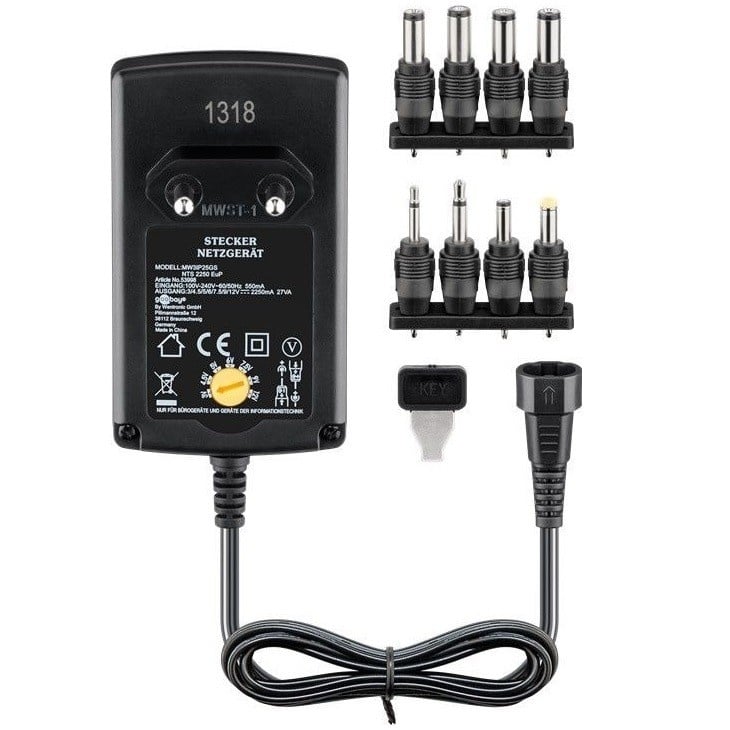 Universele voedingsadapter 3-12V / 2,25A / 27W met 8 verwisselbare pluggen / zwart - 1,8 meter