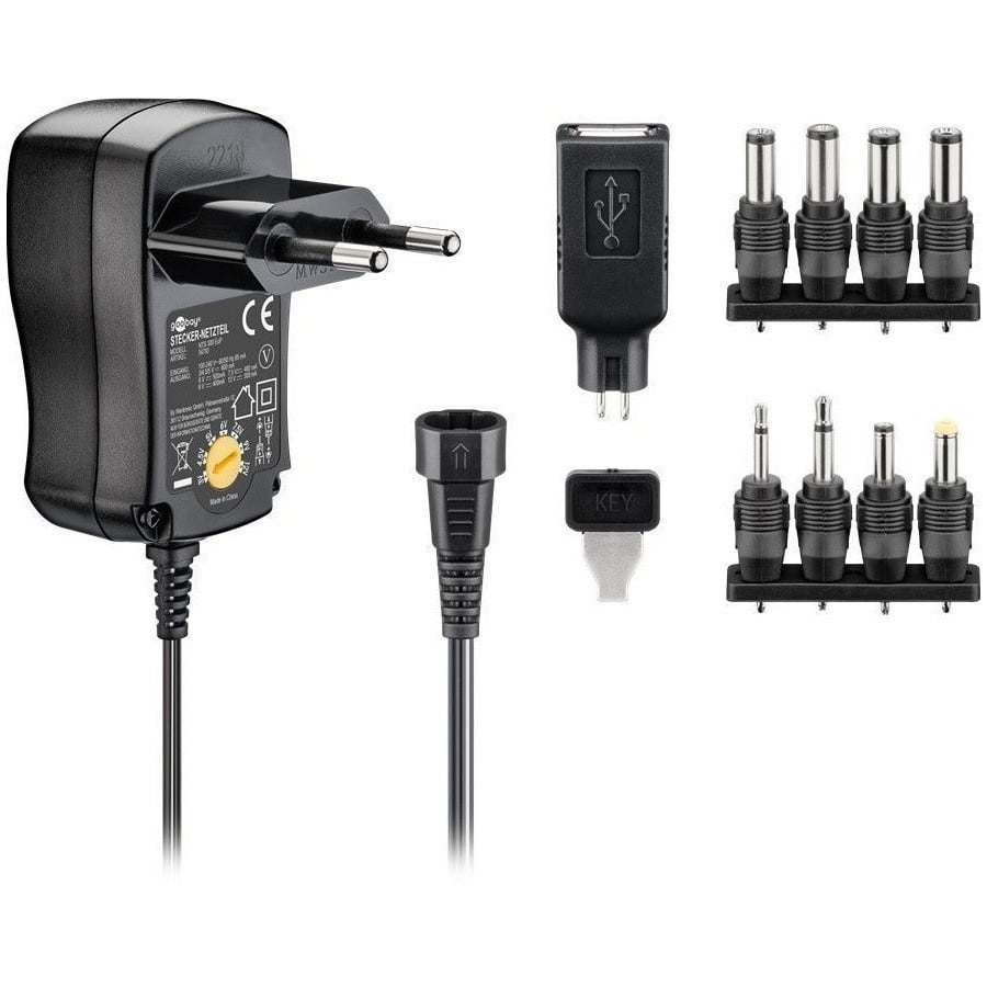 Universele voedingsadapter 3-12V / 600mA / 7,2W met 9 verwisselbare pluggen / zwart - 1,8 meter