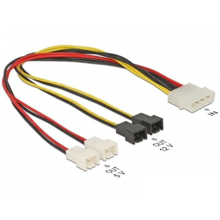 Molex (m) - 4x 3-pins Case Fan (m) voedingskabel (2x 12V + 2x 5V) - 0,15 meter