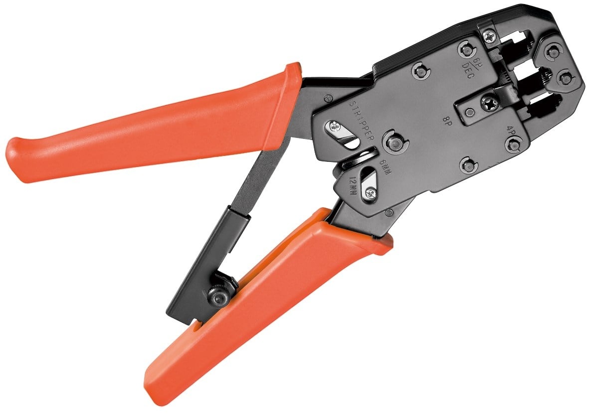 Professionele krimptang met ratelmechanisme voor RJ45, RJ12, RJ11 en RJ10 connectoren - metaal / rood/zwart