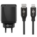 USB-C PD 25W thuislader met 1 poort en losse 8-pins Lightning - USB kabel / zwart - 1 meter