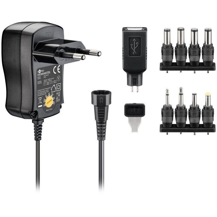 Universele voedingsadapter 3-12V / 300mA / 3,6W met 9 verwisselbare pluggen / zwart - 1,8 meter