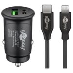 Goobay autolader met 1x USB-A QC en 1x USB-C PD en losse Lightning kabel | 27W