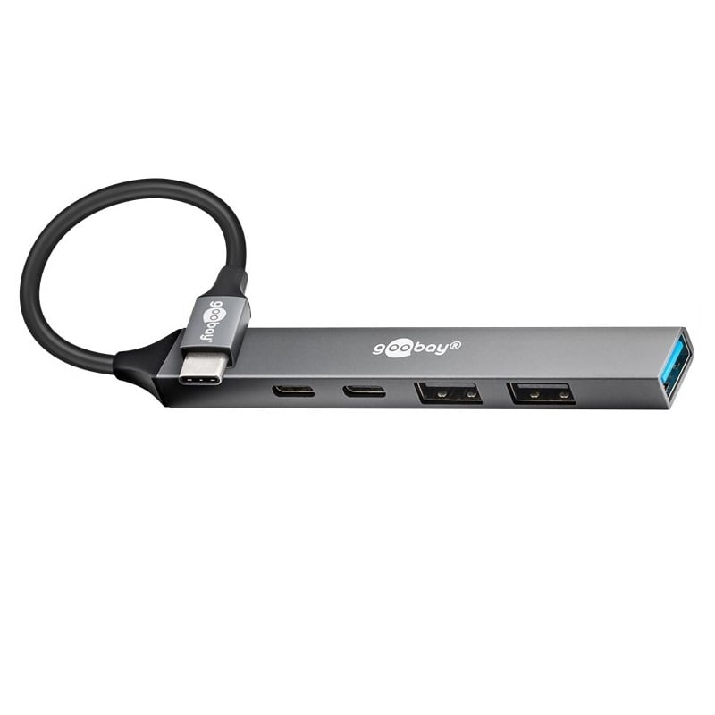 Goobay USB hub (USB-C) | 3x USB-A + 2x USB-C (1x PD 100W) | USB2.0/3.0 | aluminium | 0,10 meter
