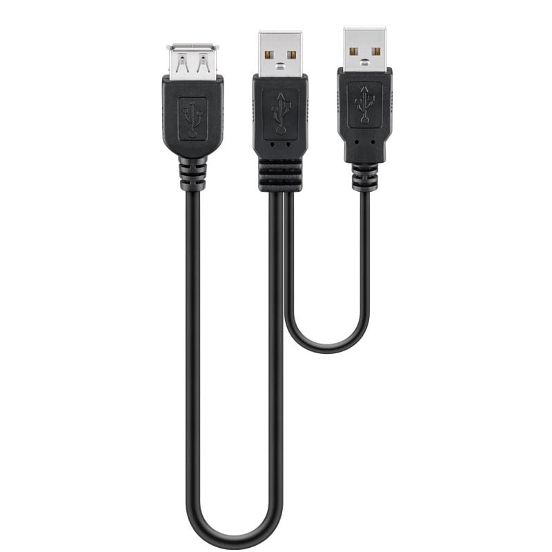 USB-A naar 2x USB-A Y-adapter kabel | USB2.0 | tot 1A | zwart | 0,30 meter