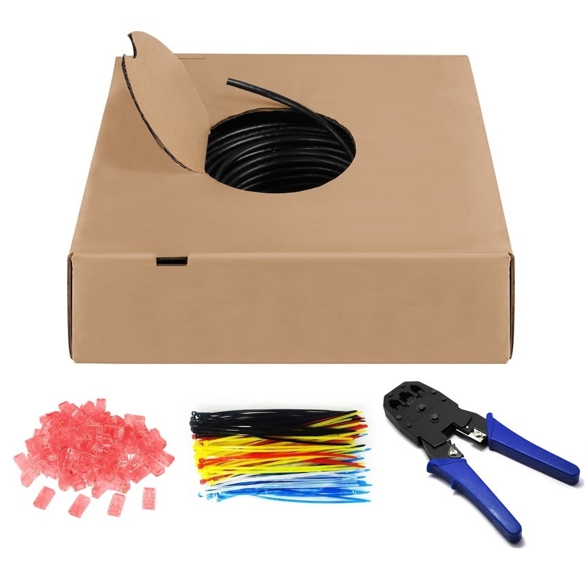 Goobay Outdoor set met U/UTP CAT6 netwerkkabel, 100 tie-wraps, 100 connectoren en krimptang zwart (meerdere lengtes)