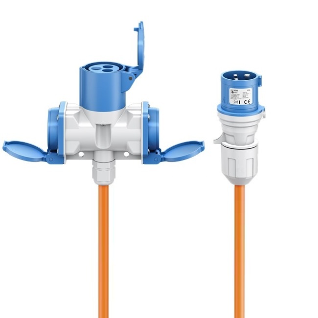 Goobay Camping stroomkabel met 2 extra stopcontacten | CEE 3-pins 230V/16A | 3x 2,50mm | IP44 | oranje (meerdere lengtes)