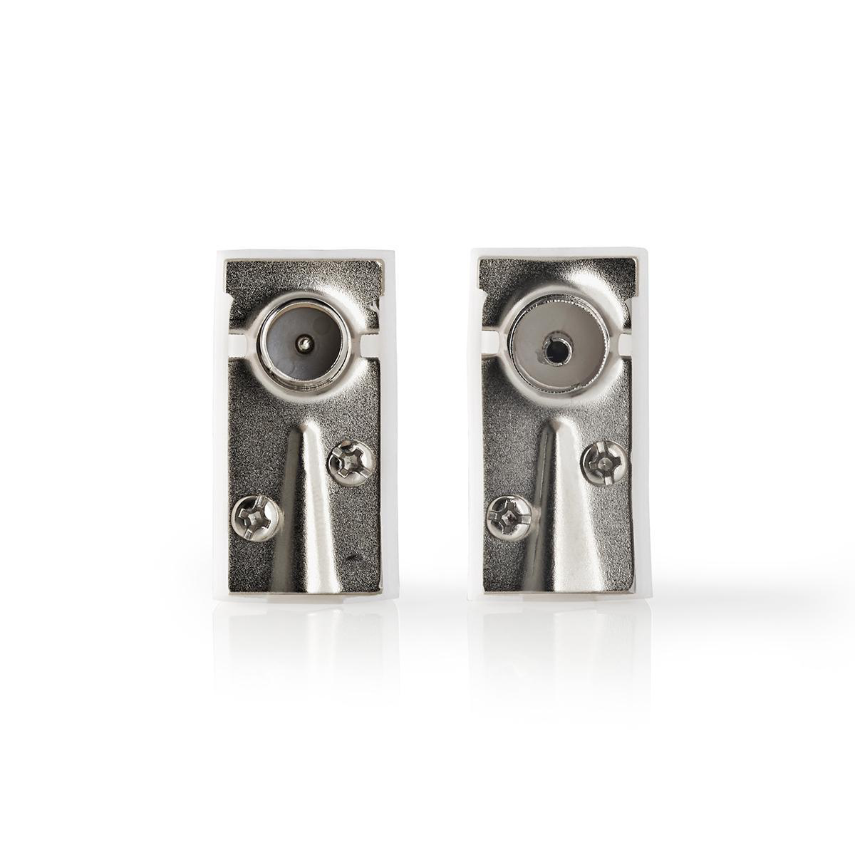 IEC (Coax) Connector | Gehoekt | Female / Male | Vernikkeld | 75 Ohm | Schroef | Diameter kabelinvoer: 7.0 mm | Metaal / Polyvinylchloride (PVC) | Wit | 2 Stuks | Doos