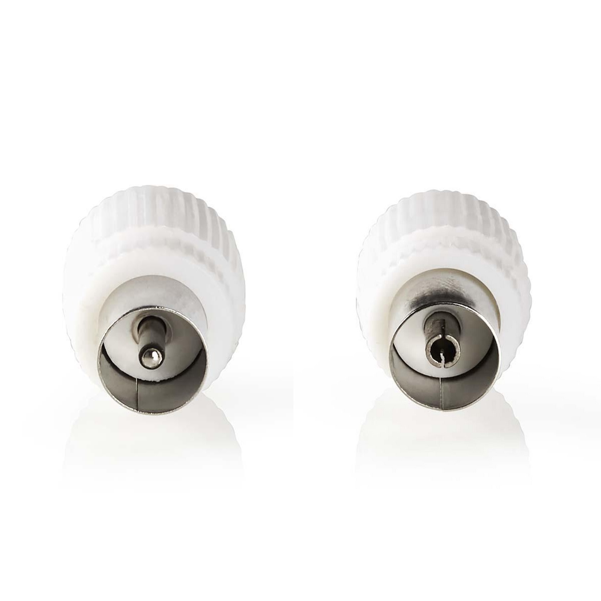 IEC (Coax) Connector | Recht | Female / Male | Vernikkeld | 75 Ohm | Schroef | Diameter kabelinvoer: 7.0 mm | Metaal / Polyvinylchloride (PVC) | Wit | 2 Stuks | Doos