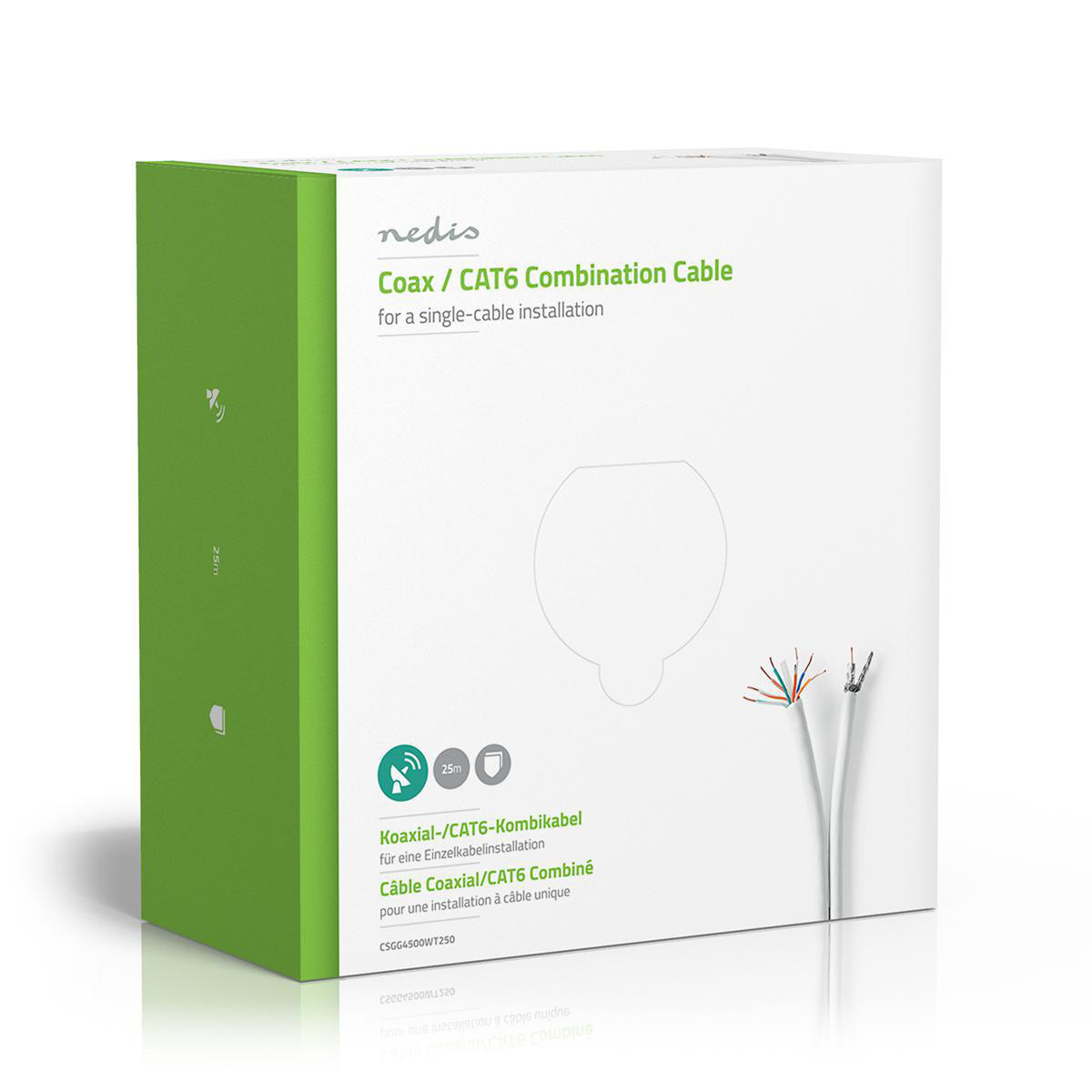 IEC (Coax) CAT6 Combikabel op rol | RG58 | 75 Ohm | Drievoudig Afgeschermd | ECA | 25.0 m | Rond | Wit | Gift Box