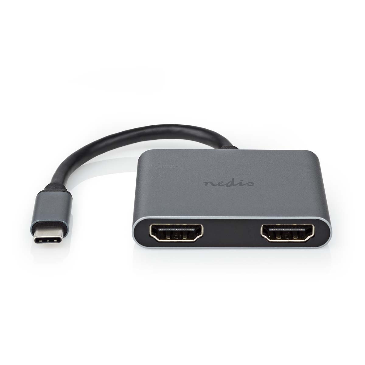 USB-C™ Adapter | 2-in-1 | USB 3.2 Gen 1 | USB-C™ Male | 2x HDMI™ | 4K@30Hz | 0.10 m | Rond | Vernikkeld | PVC | Zwart | Doos