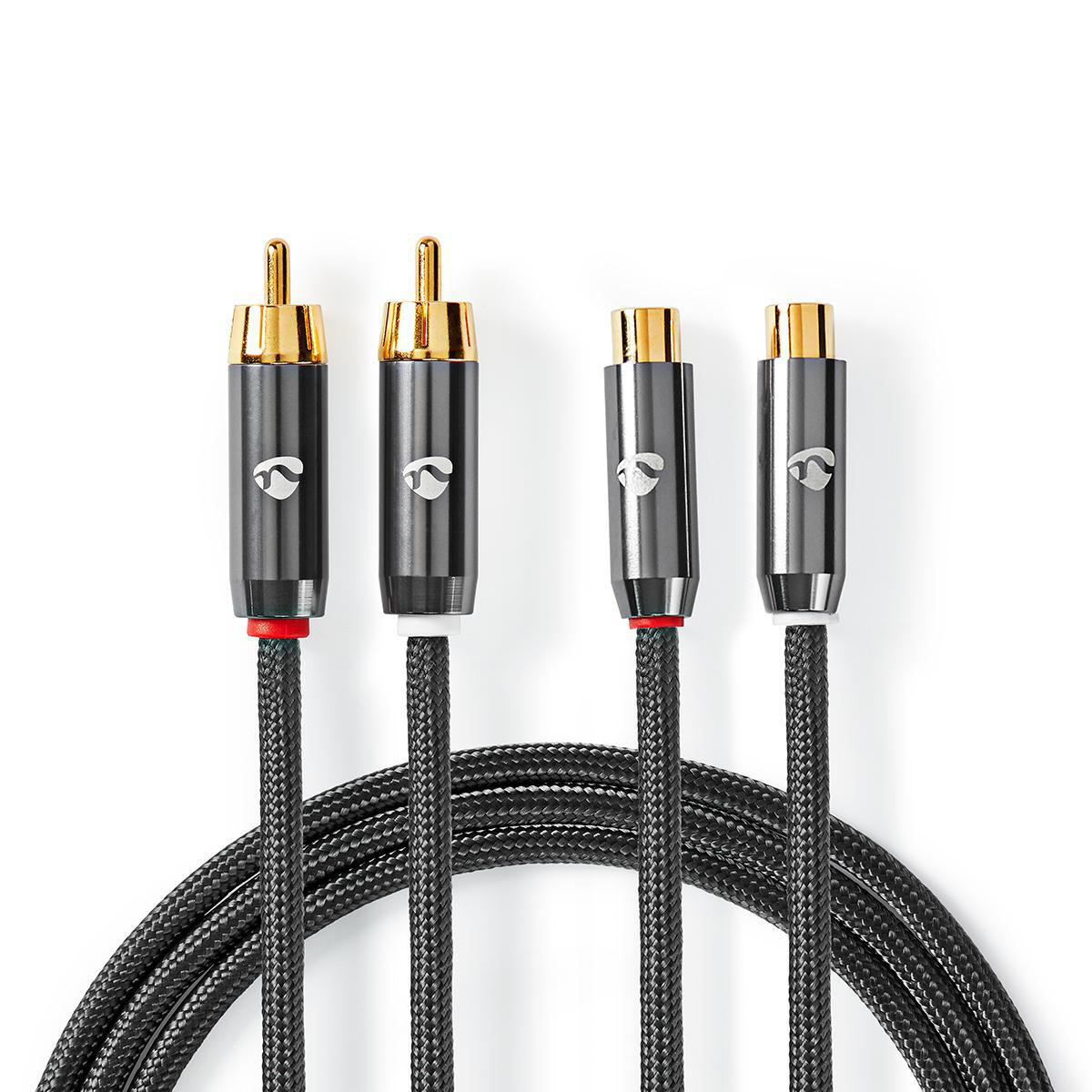 Stereo-Audiokabel | 2x RCA Male | 2x RCA Female | Verguld | 5.00 m | Rond | Grijs / Gun Metal Grijs | Cover Window Box