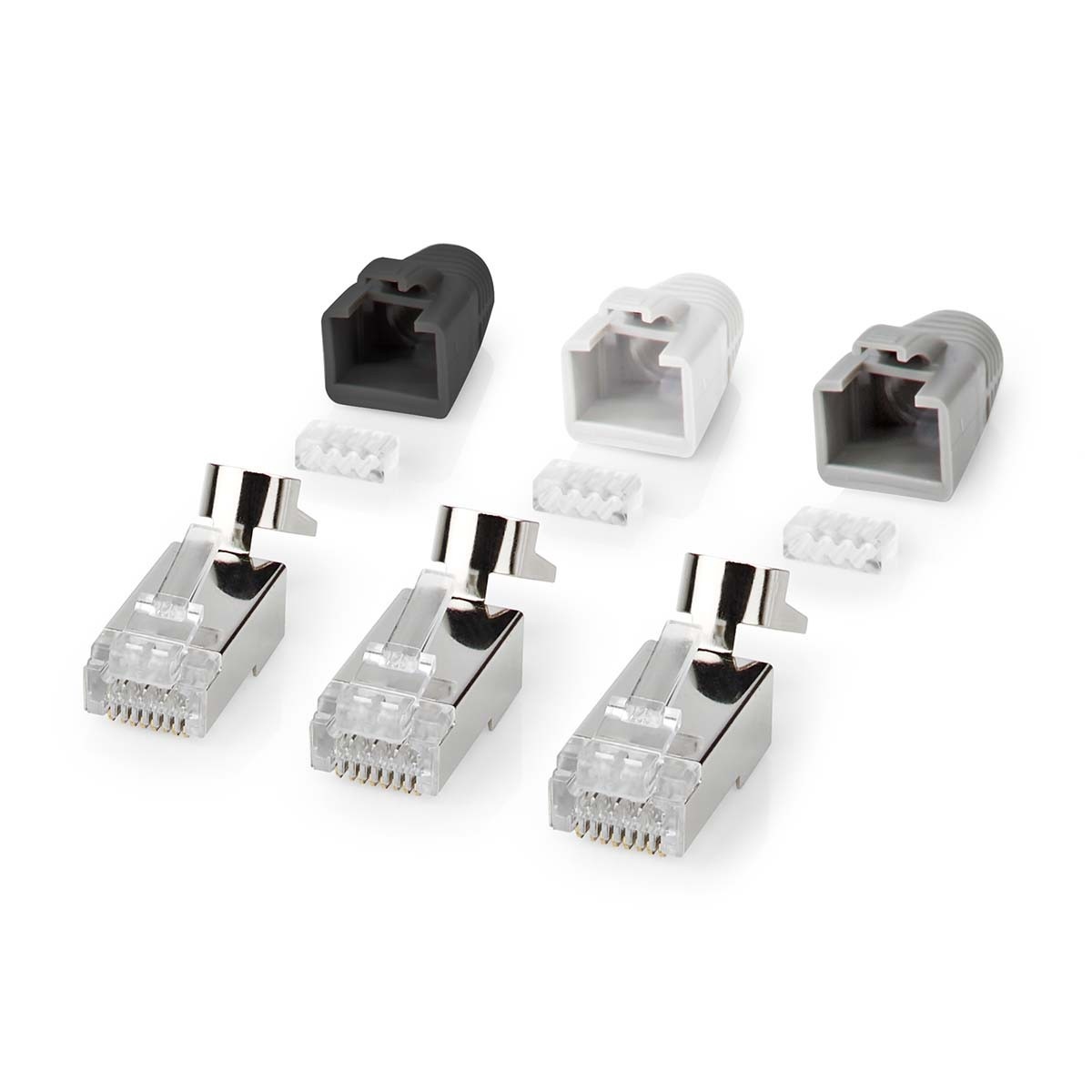 RJ45-Connector | RJ45 Pass Through | Stevig/Gesnoerd FTP CAT7 | Recht | Verguld | 10 Stuks | Polycarbonate | Grijs / Wit / Zwart | Doos