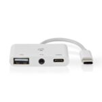 USB Multi-Port Adapter | 3-in-1 | USB 2.0 | USB-C™ Male | USB-A Female / USB-C™ Female / 3,5 mm Female | 480 Mbps | 0.10 m | Rond | Vernikkeld | PVC | Wit | Doos