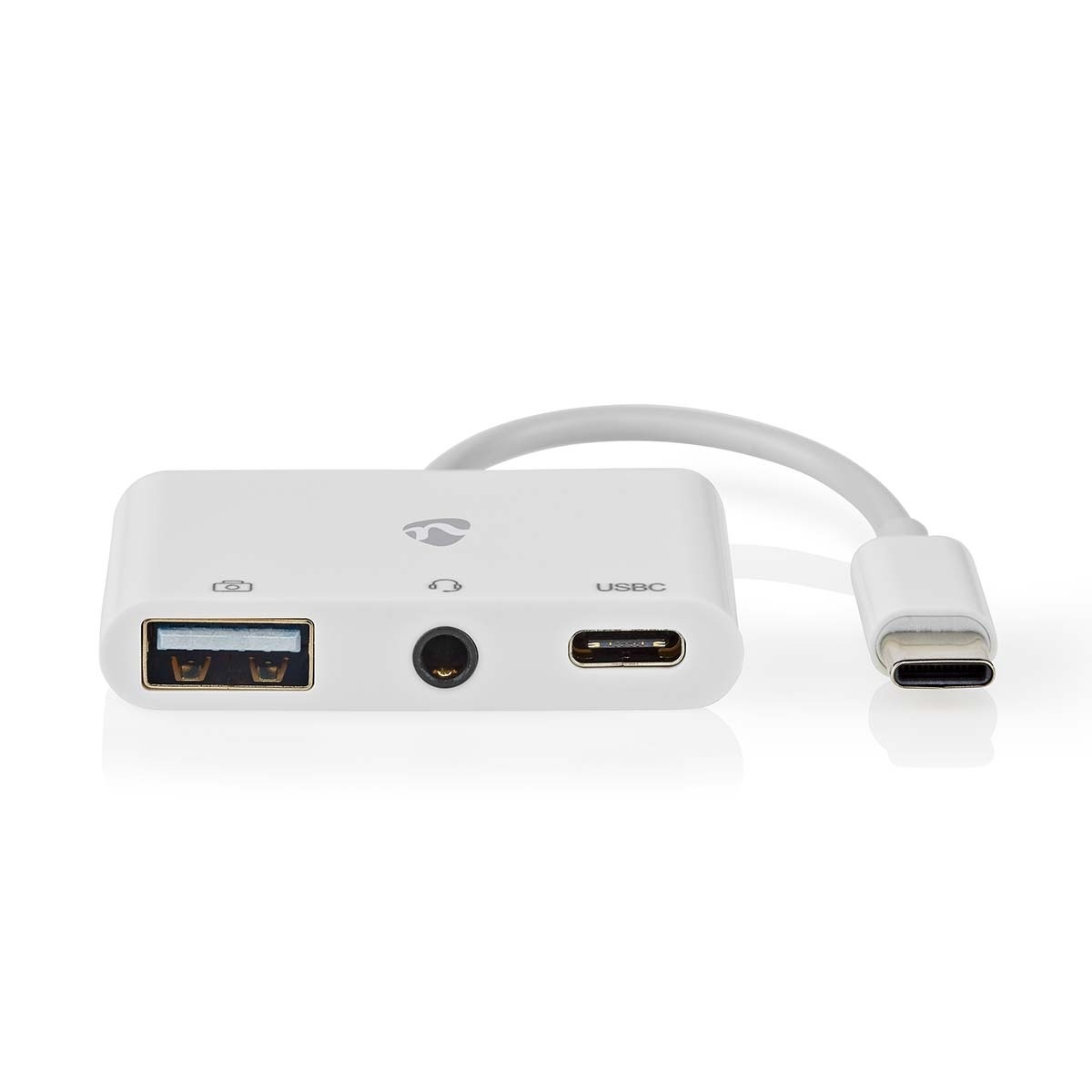 USB Multi-Port Adapter | 3-in-1 | USB 2.0 | USB-C™ Male | USB-A Female / USB-C™ Female / 3,5 mm Female | 480 Mbps | 0.10 m | Rond | Vernikkeld | PVC | Wit | Doos