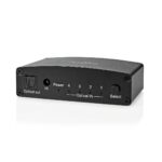 Digitale Audio-Switch | 4-wegs | Ingangen audio / video / data: DC Power / 4x TosLink | Uitgangen audio / video / data: TosLink Female | Afstandsbediening / Drukknop / Manueel | Metaal | Zwart