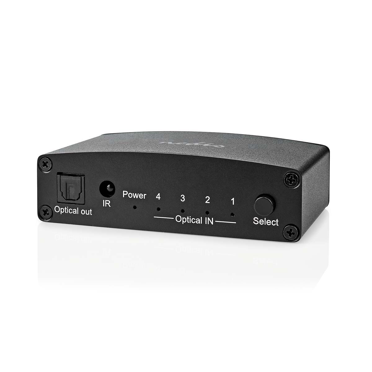 Digitale Audio-Switch | 4-wegs | Ingangen audio / video / data: DC Power / 4x TosLink | Uitgangen audio / video / data: TosLink Female | Afstandsbediening / Drukknop / Manueel | Metaal | Zwart