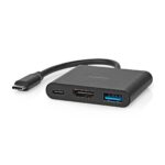 USB Multi-Port Adapter | 3-in-1 | USB 3.2 Gen 1 | USB-C™ Male | HDMI™ Output / USB-A Female / USB-C™ Female | 5 Gbps | 0.10 m | Rond | Vernikkeld | PVC | Zwart | Doos
