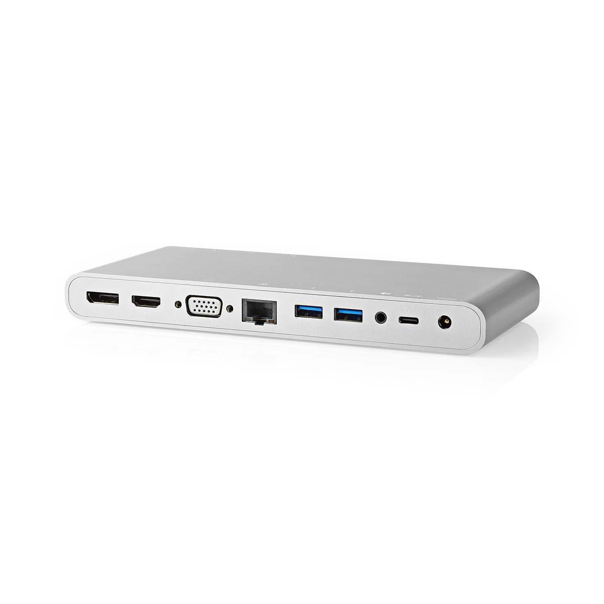 USB Docking Station | USB 3.2 Gen 1 | USB-C™ Male | DisplayPort Female / HDMI™ Output / RJ45 Female / VGA Female 15p / 2x 3,5 mm Female / 2x USB-C™ / 4x USB-A | 0.20 m | Rond | Vernikkeld | Gevlochten / Nylon | Wit | Window Box met Euro Lock