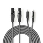 Gebalanceerde Audiokabel | 2x XLR 3-Pins Female | 2x RCA Male | Vernikkeld | 3.00 m | Rond | PVC | Donkergrijs | Kartonnen Sleeve