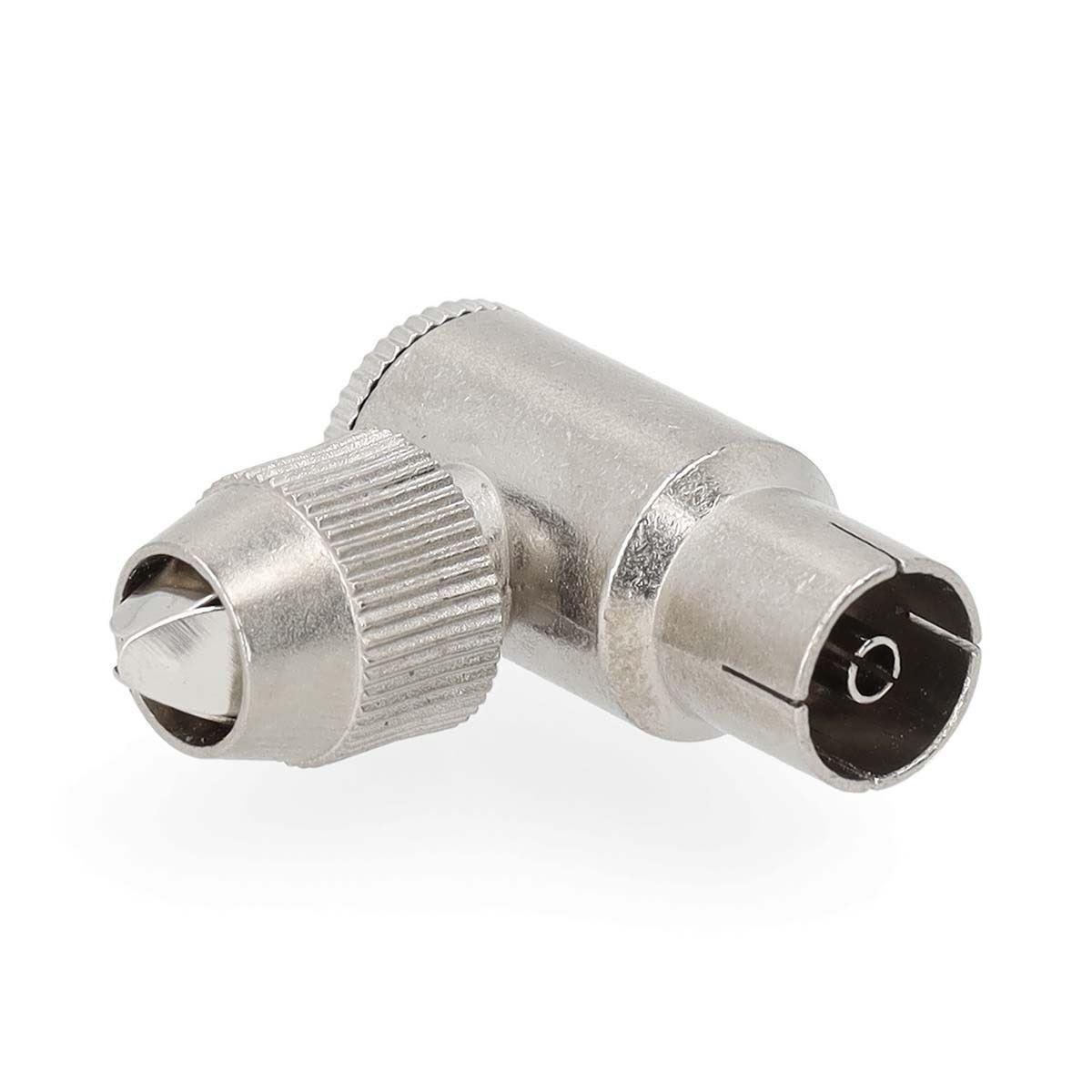IEC (Coax) Connector | 90° Gehoekt | Female | Vernikkeld | 75 Ohm | Schroef | Diameter kabelinvoer: 7.0 mm | Metaal | Zilver | 2 Stuks | Doos