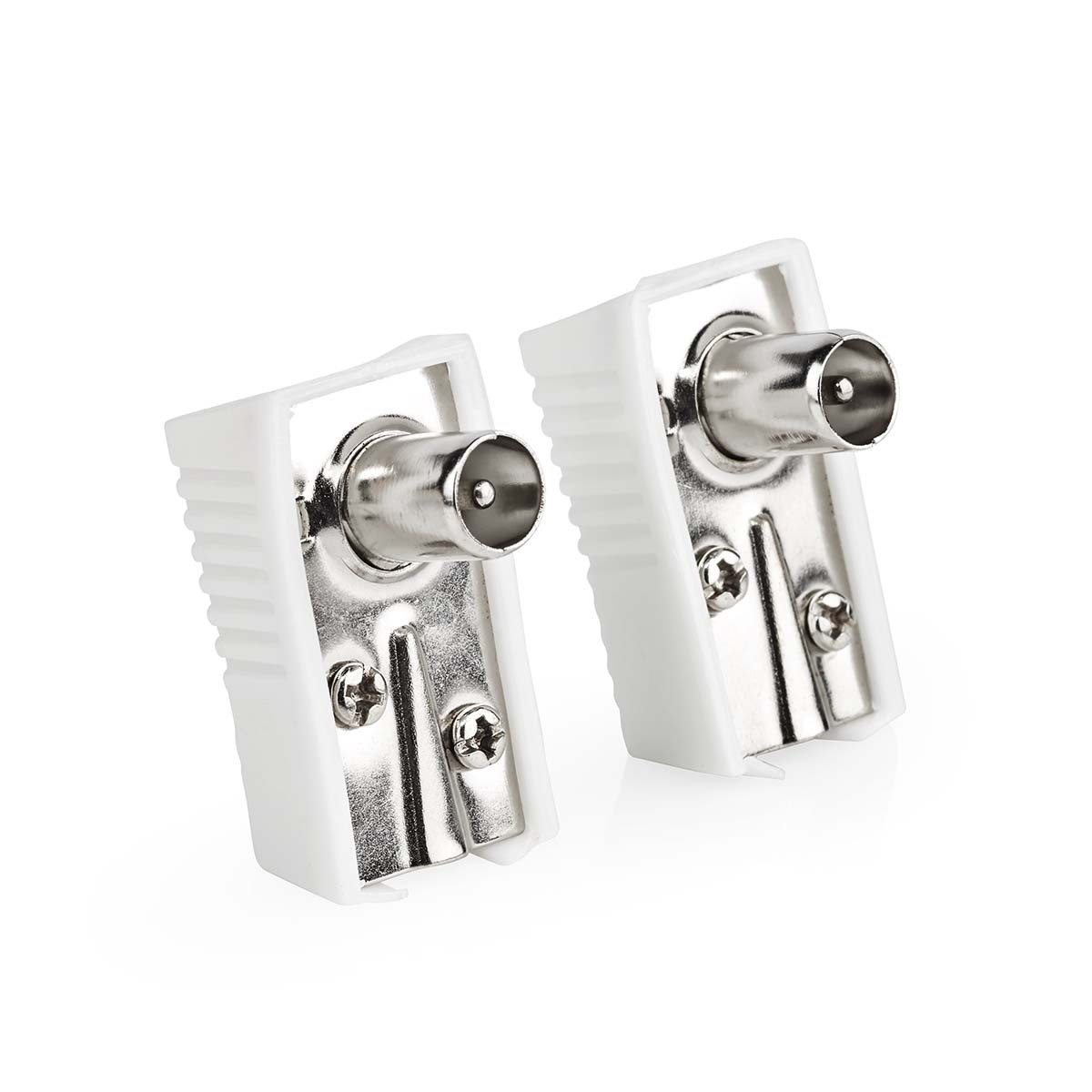 IEC (Coax) Connector | Gehoekt | Male | Vernikkeld | 75 Ohm | Schroef | Diameter kabelinvoer: 7.0 mm | Metaal / Polyvinylchloride (PVC) | Wit | 2 Stuks | Doos