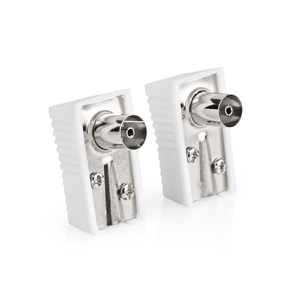 IEC (Coax) Connector | Gehoekt | Female | Vernikkeld | 75 Ohm | Schroef | Diameter kabelinvoer: 7.0 mm | Metaal / Polyvinylchloride (PVC) | Wit | 2 Stuks | Doos
