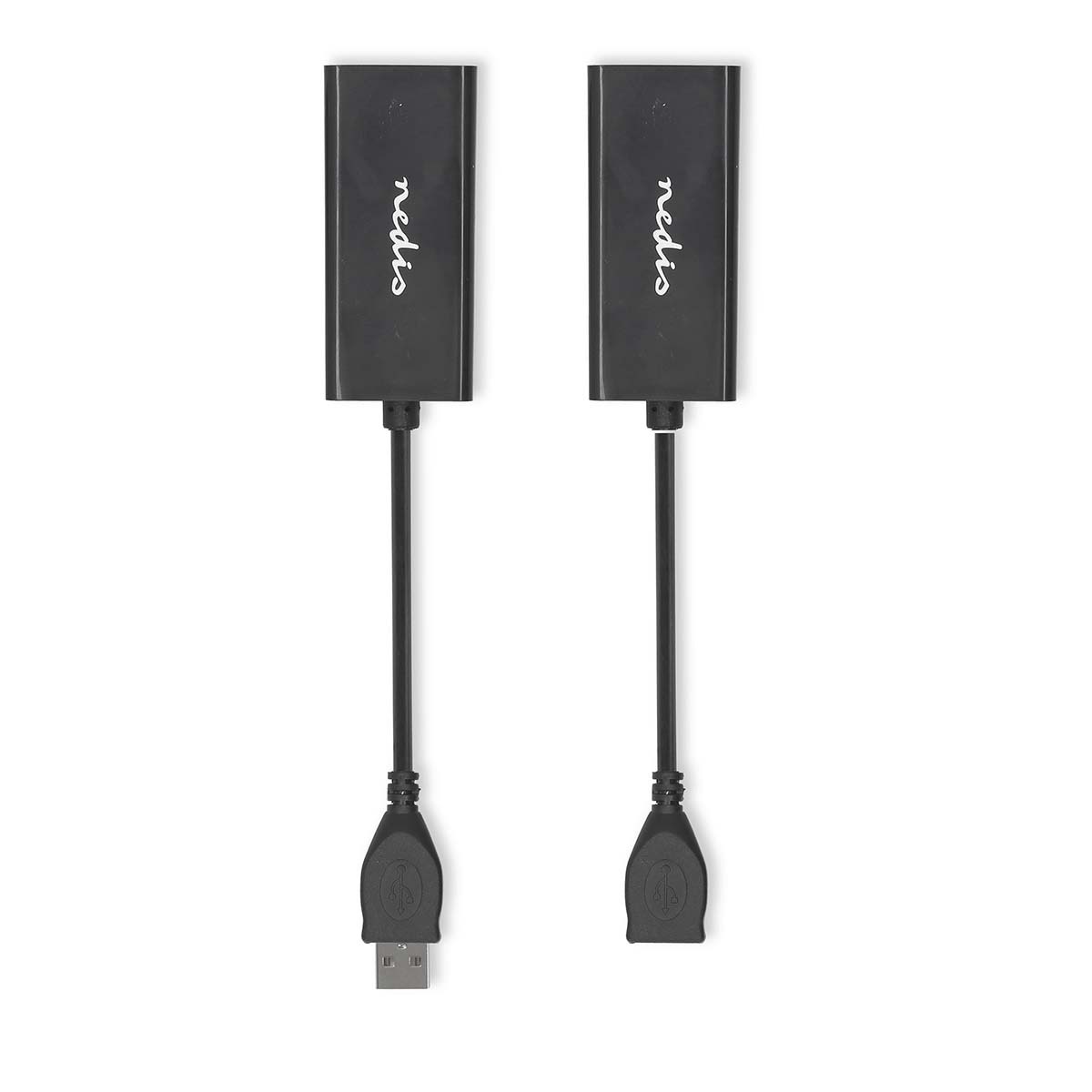 USB-Verlenger | USB 2.0 | 1x USB-A Male | 1x RJ45 Female | 1x USB-A Female | 1x RJ45 Female | tot 50 m | 480 Mbps | Vernikkeld | Rond | PVC | Zwart | Doos