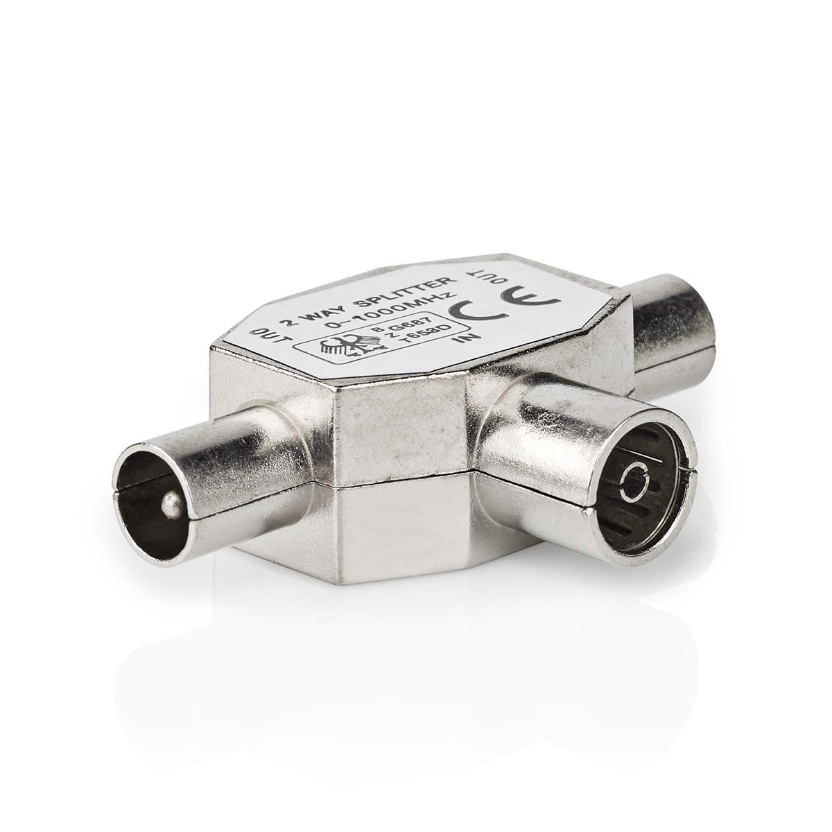 Satelliet- en Antenne-Adapter | 2x Coax Male | IEC (Coax) Female | Vernikkeld | 75 Ohm | T-Splitter | Metaal | Zilver | 1 Stuks | Doos
