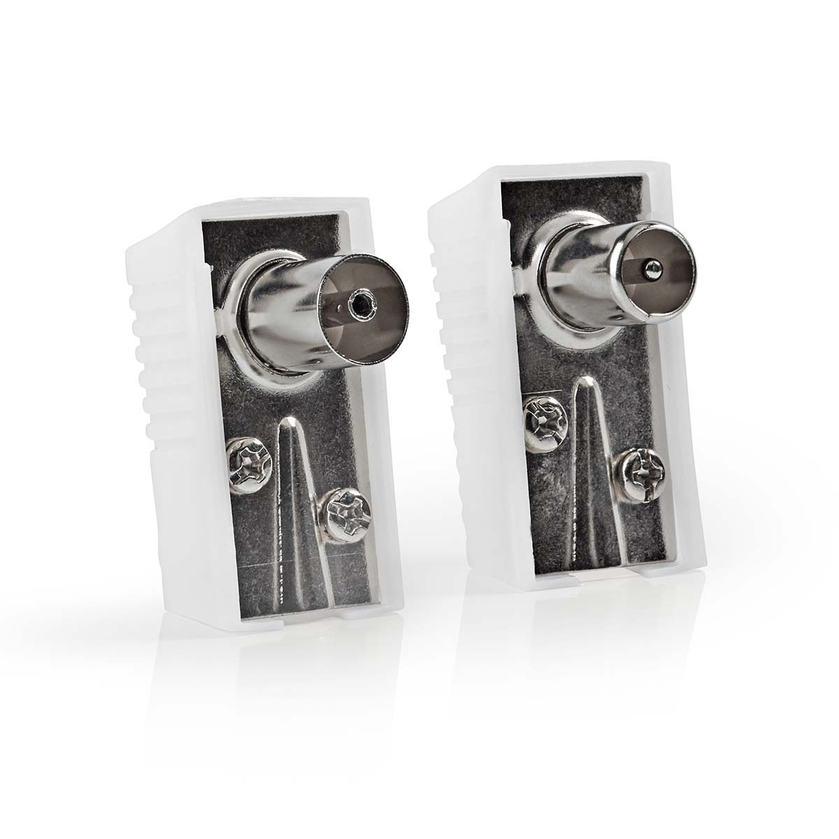 IEC (Coax) Connector | Gehoekt | Female / Male | Vernikkeld | 75 Ohm | Schroef | Diameter kabelinvoer: 7.0 mm | Metaal / Polyvinylchloride (PVC) | Wit | 2 Stuks | Doos