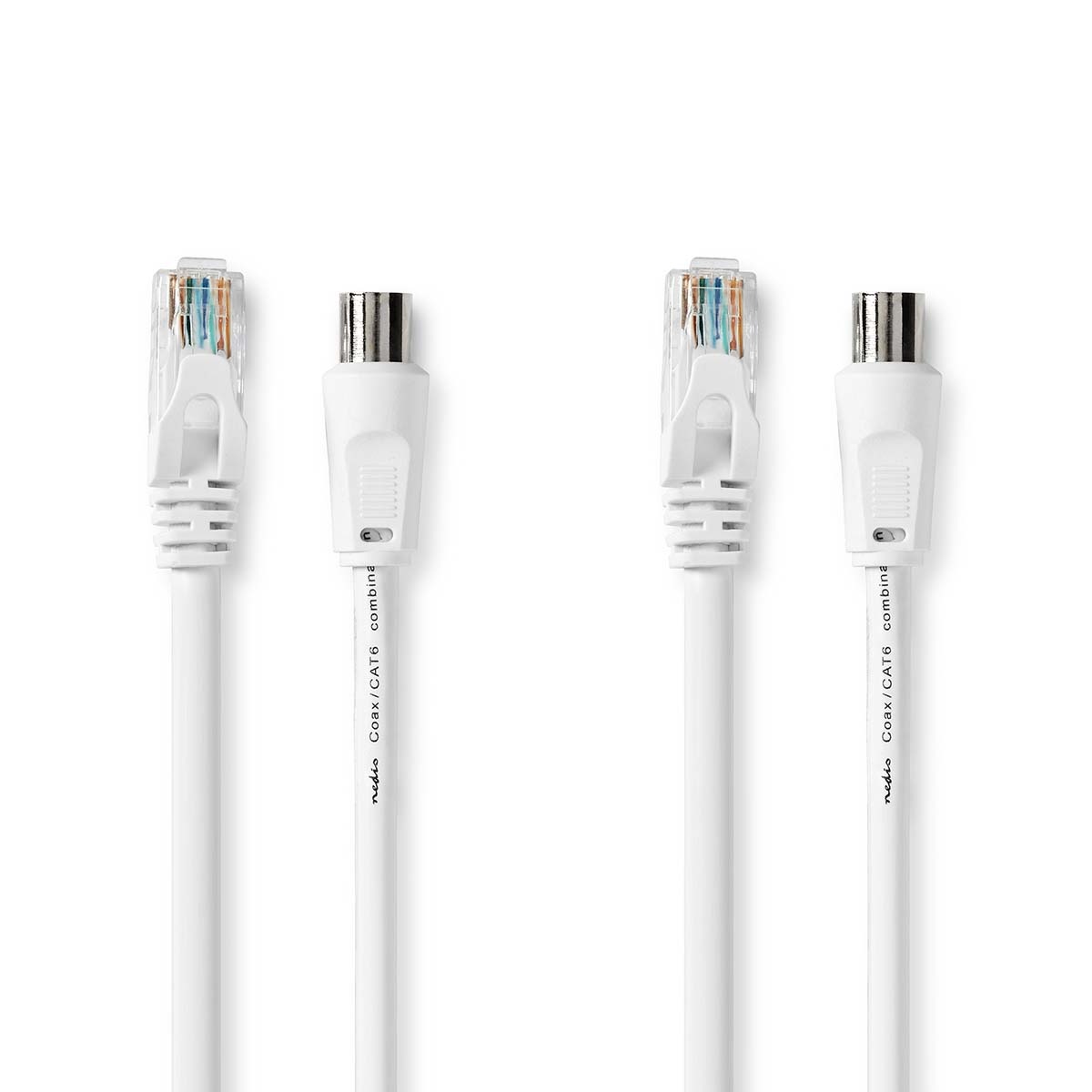 Coax- en CAT6-Combikabel | IEC (Coax) Male / RJ45 Male | IEC (Coax) Female / RJ45 Male | Vernikkeld | RG58 | 75 Ohm | Dubbel Afgeschermd | 1.50 m | Rond | PVC | Wit | Label