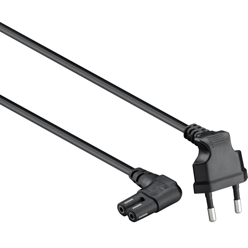 Stroomkabel | Euro Male | IEC-320-C7 | Gehoekt | Links Gehoekt | Vernikkeld | 3.00 m | Plat | PVC | Zwart | Label