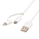 2-in-1-Kabel | USB 2.0 | USB-A Male | Apple Lightning 8-Pins / USB Micro-B Male | 480 Mbps | 1.00 m | Vernikkeld | Rond | PVC | Wit | Polybag