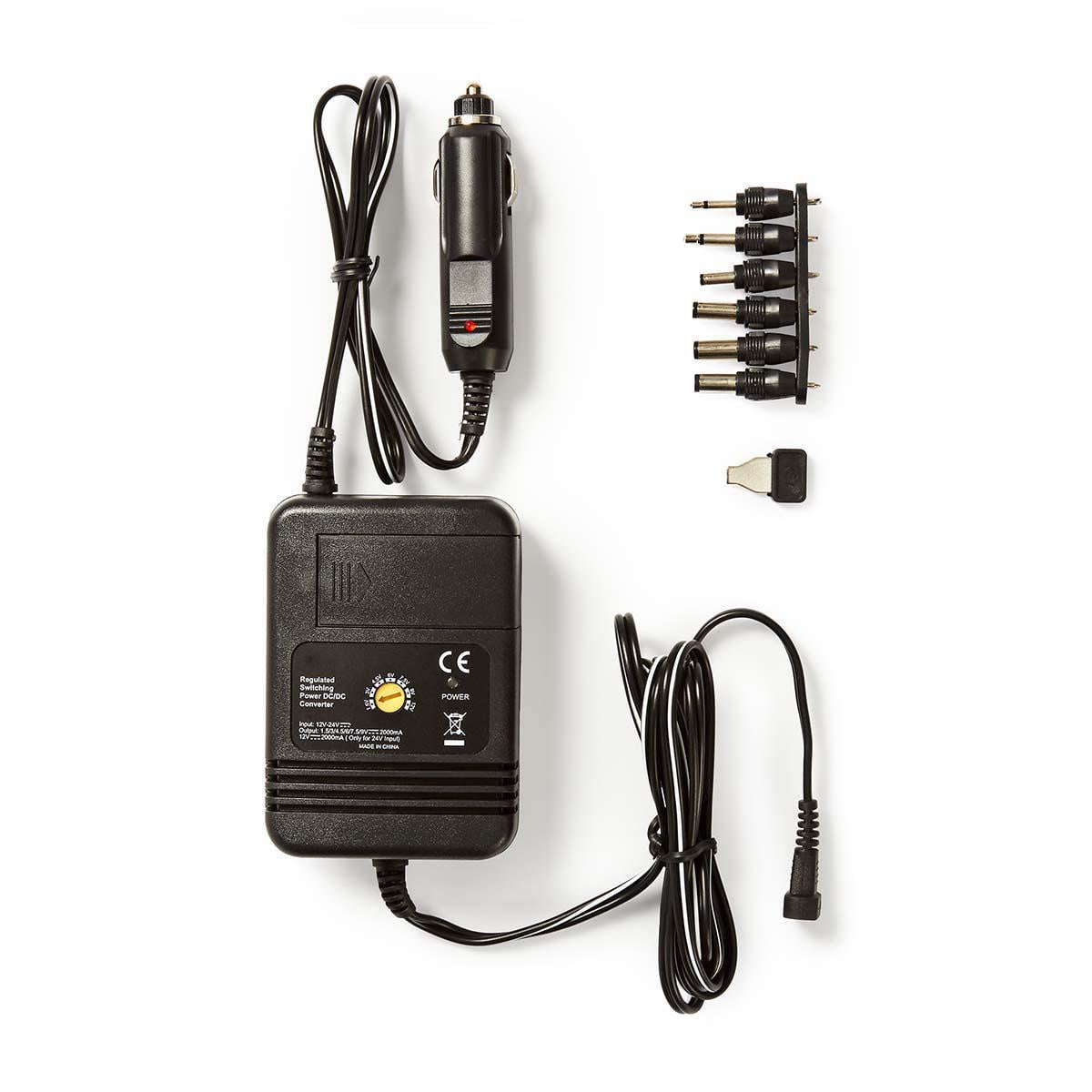 Universal DC Power Adapter | Auto-Adapter | 24 W | Ingangsvoltage: 12 V DC / 24 V DC | 1.5 / 3 / 4.5 / 6 / 7.5 / 9 / 12 V DC | Universeel | Maximale uitgangsstroom per poort: 2.0 A | Zwart